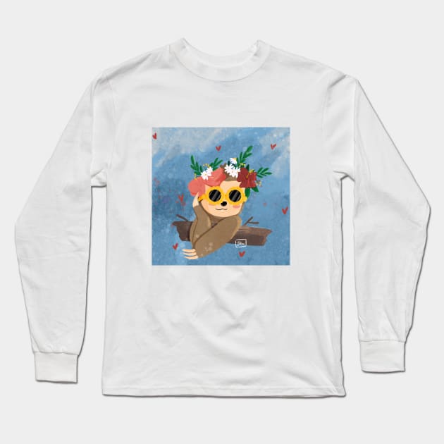 Cute Chic Sloth with flower crown and sunglasses by Jilooo Long Sleeve T-Shirt by byjilooo